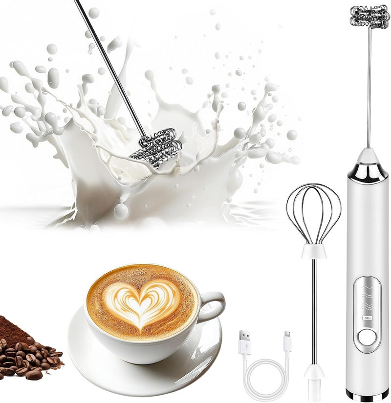 Toughwild Milk Frother Handheld, Rechargeable Coffee Frother Wand with 2 Stainless Whisks 3 Speeds, Drink Mixer, Electric Foam Maker, Hand Mixer for Lattes, Cappuccino, Matcha, Egg, White - Image 1